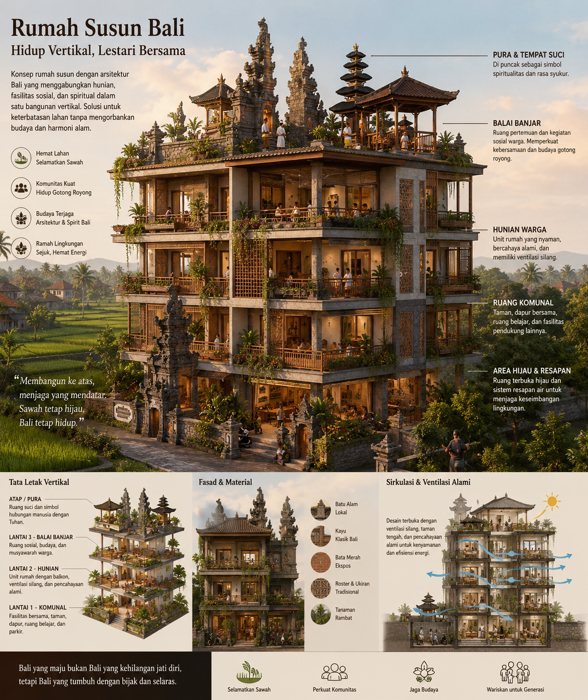 Infografik konsep rumah susun Bali: hunian vertikal dengan pura di puncak, balai banjar, unit hunian, dan ruang komunal — hemat lahan tanpa mengorbankan sawah.